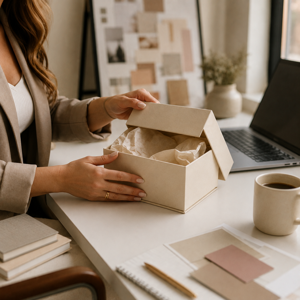 Row of three influencer boxes in different finishes styled for a PR agency multi-client campaign