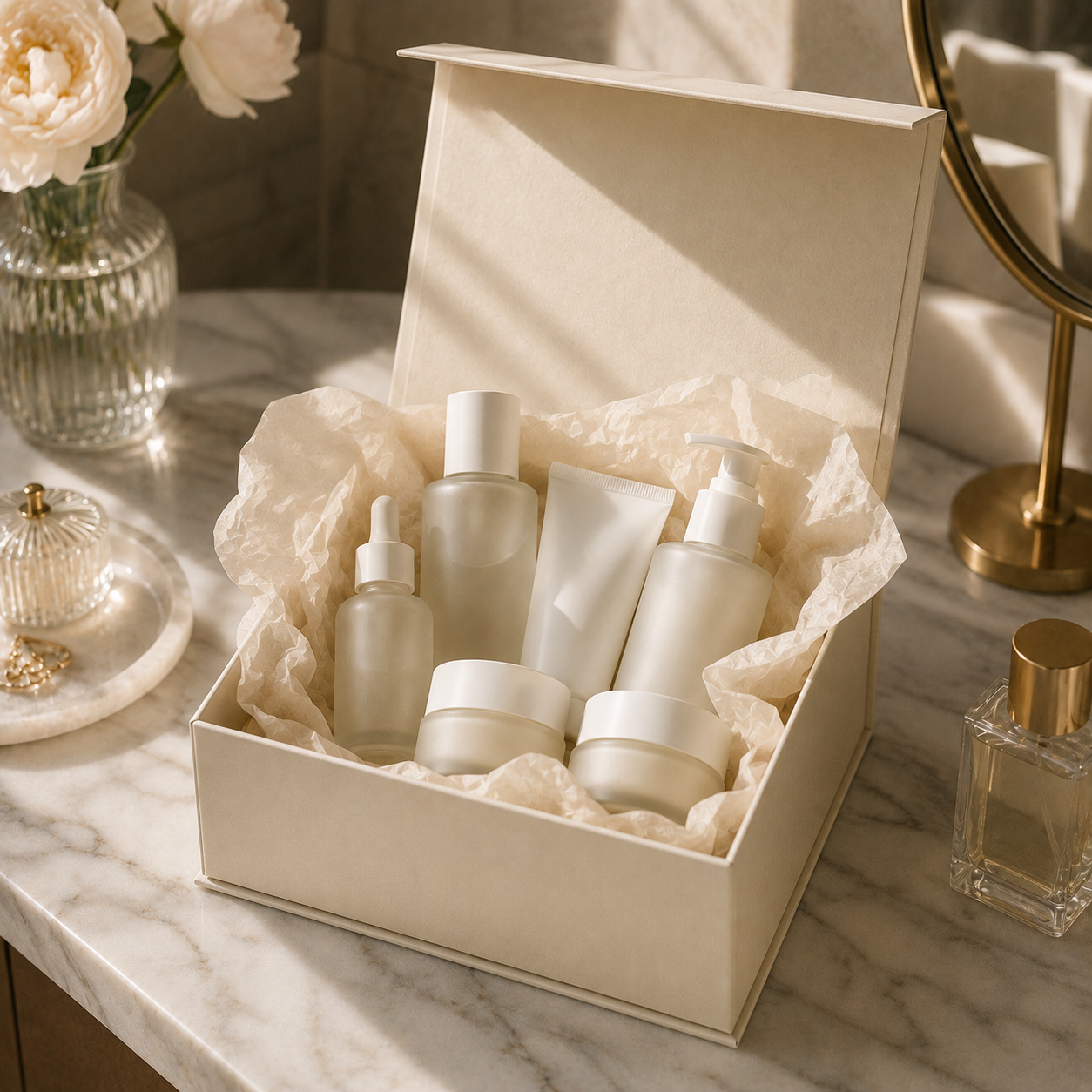 Foil-stamped rigid influencer box styled for a beauty and skincare PR unboxing