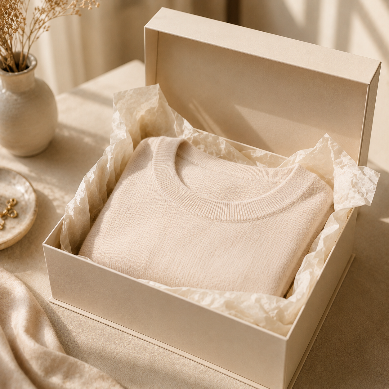 Two-piece rigid influencer box styled for a fashion and apparel brand unboxing